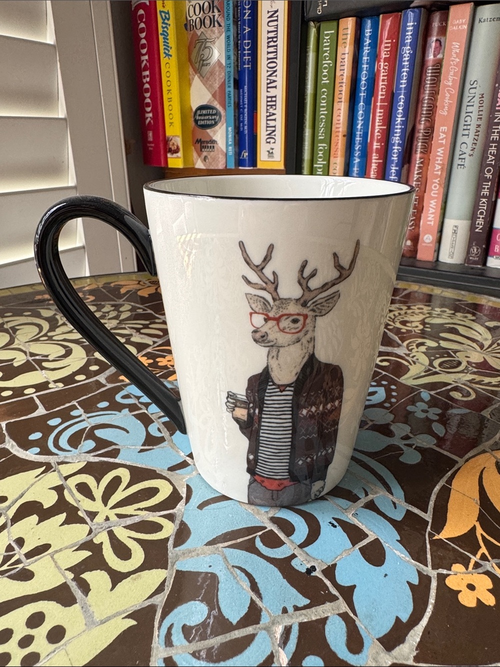 Signature White Ceramic Mug with Black Handle and Deer Graphic